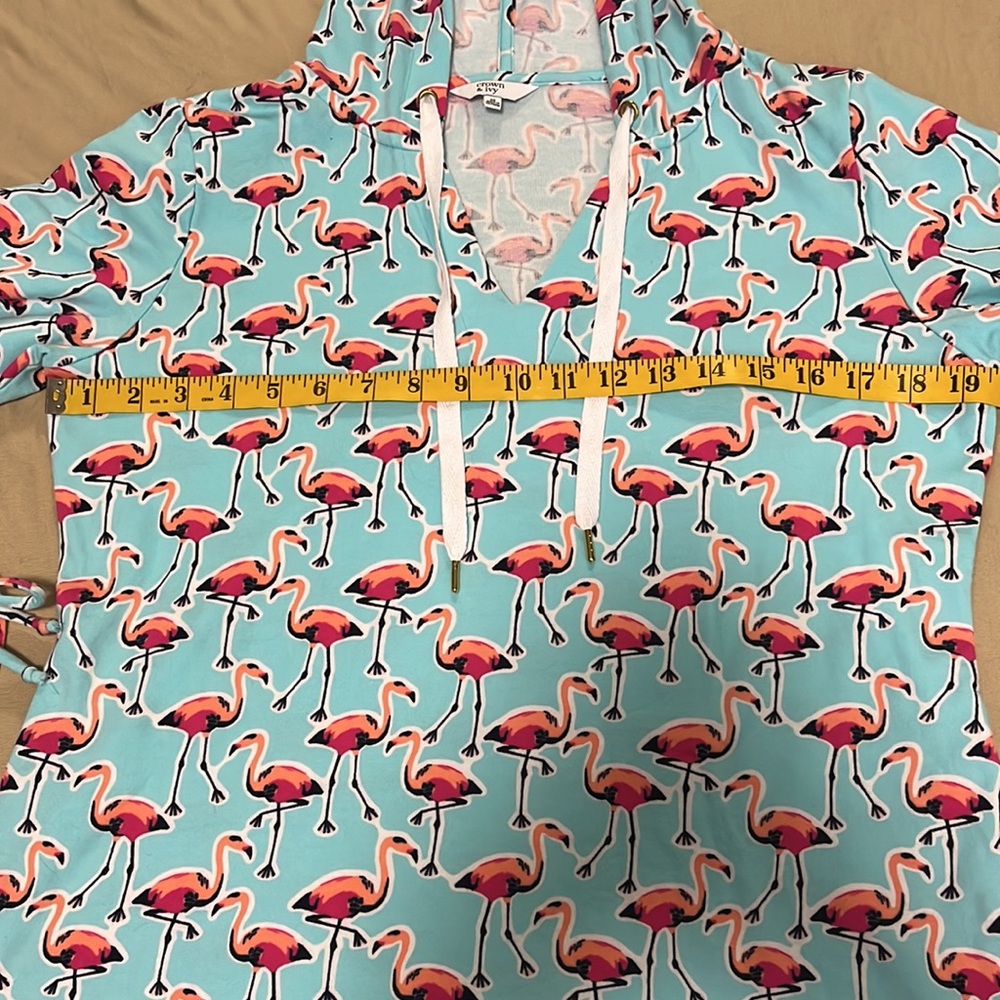 Crown & Ivy turquoise flamingo hooded pullover top size M - Picture 5 of 6